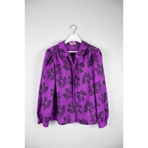Judy Bond Blouse Womens 12 M Purple Excellent Vintage Long Sleeve Abstract Print